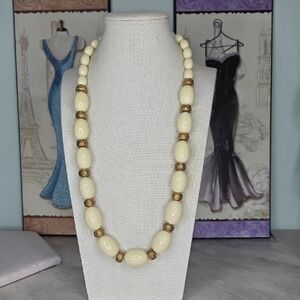 Napier Vintage Gold Tone Beads & Large Enamel White Wood Beads Necklace